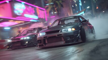 Pixelated Nighttime Car Drifting Competition With Neon Lights