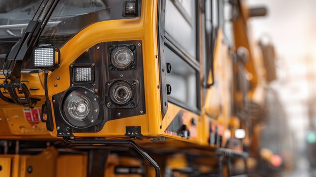 Close-up of industrial transport machinery retrofitted with AI technology, visible mounted radar unit, LiDAR sensor arrays, and precision cameras, hyper-realistic engineering photo