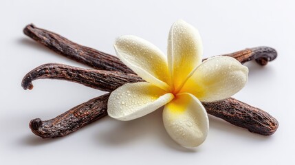 Close Up Of Vanilla Beans And Plumeria Flower