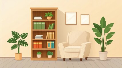 Cozy living room scene featuring a tall wooden bookshelf filled with books and plants next to an armchair