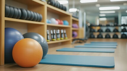 Serene interior view of a fitness studio with exercise balls and mats