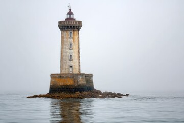 Old Stone Lighthouse in Foggy Sea