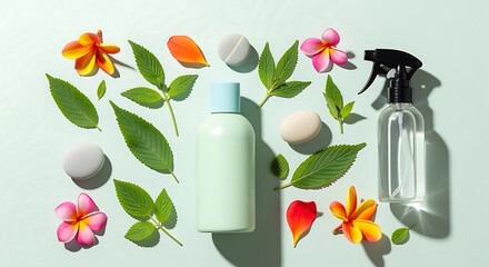 Flat lay arrangement of skincare products, flowers, and leaves on a light mint green background.