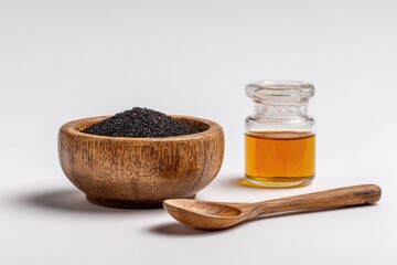Black Sesame Seeds And Oil In Wooden Bowl And Spoon