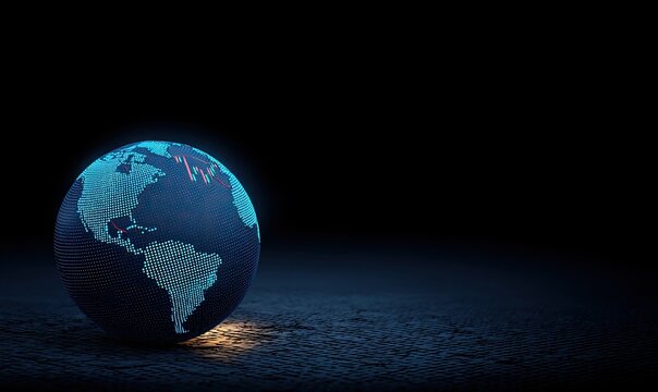 Illuminated Earth globe, glowing faintly, with stock market trends visible on its surface, rests on dark surface