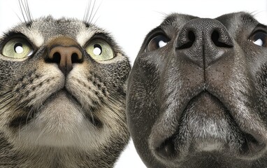 Close-up of a cat and dog's faces, looking upwards