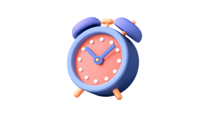 A blue and red alarm clock with the hands on the number 3 and 9