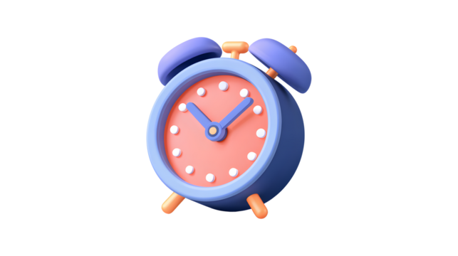 A blue and red alarm clock with the hands on the number 3 and 9