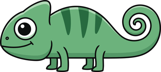 Fototapeta premium Adorable green cartoon chameleon with spiral tail and big eyes, cute reptile vector illustration for children, learning, and design.