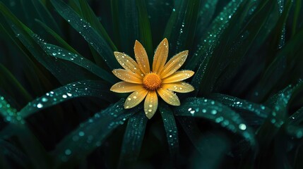 Radiant yellow gerbera daisy adorned with dewdrops on lush foliage