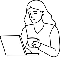 Obraz premium Continuous Line Drawing of a Woman Sipping Coffee Vector Illustration, Minimalist Woman Drinking Coffee Line Art, Morning Coffee Routine Continuous Line Vector, Modern Woman Relaxing Line Drawing 