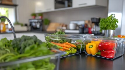 Fresh vegetables neatly organized in glass containers within a modern kitchen