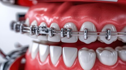 Close up of orthodontic braces on teeth model, dental care treatment