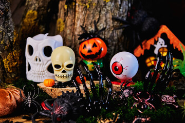 Hallows Eve get-together - skulls, eyes, pumpkins, black hands and other Halloween characters in a...