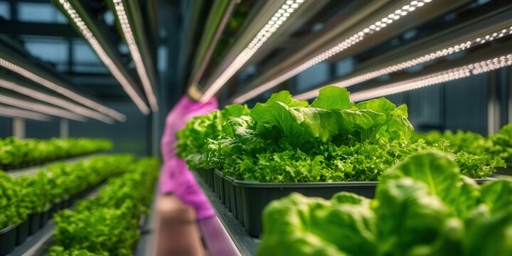 Rows of vibrant lettuce thriving under the glow of indoor grow lights in a vertical farm.