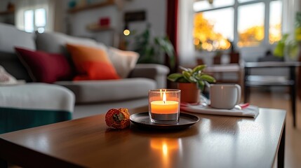 Inviting Living Room Ambiance with Candlelight and Serene Decor Elements