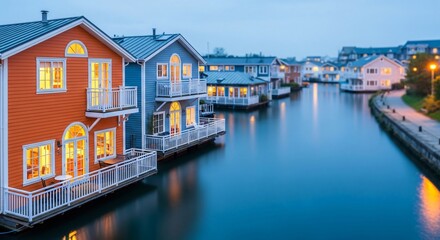 Vibrant Floating Homes Lining Tranquil Canal at Dusk Glow