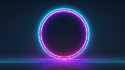 Obraz premium A vibrant, double neon ring, pink and cyan, glows intensely against a dark background, reflecting subtly on a low, smooth surface. The inner ring is slightly smaller than the outer one