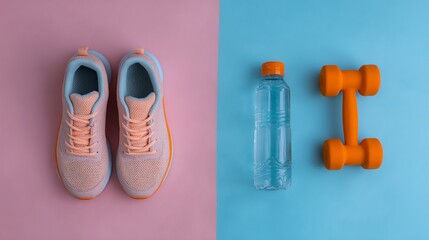 Pink and Blue Athletic Shoes Water Bottle and Dumbbell on Colorful Backgrounds