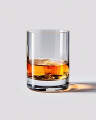 Clear glass tumbler with amber liquid and ice cubes