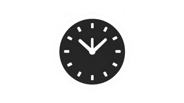 A black and white clock with the hands at the numbers 3 and 9. The clock is set to the time of 3:09