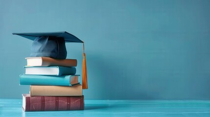 A mortarboard sits on stacked books, symbolizing educational success and achievement.