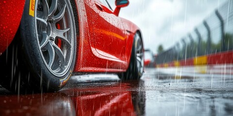 Red race car driving in the rain on a racing track, creating a dynamic scene.