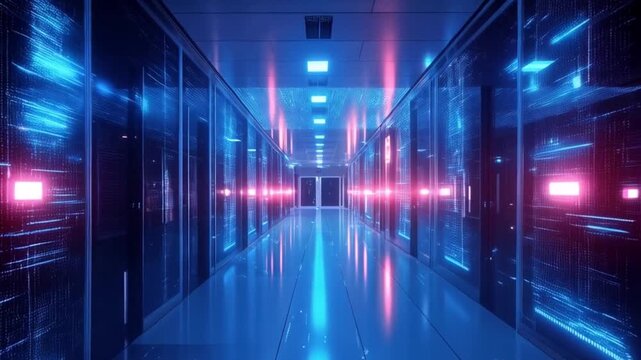 Futuristic Data Center Server Room with Glowing Blue and Red Lights Highlighting Digital Information and Network Connections
