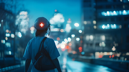 Back view of medic with helmet walking in city at night with buildings and lights in the background