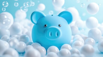 Blue piggy bank surrounded by white spheres illustrating financial savings