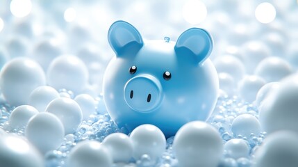 Light Blue Piggy Bank Surrounded by Spheres: A Concept of Financial Savings