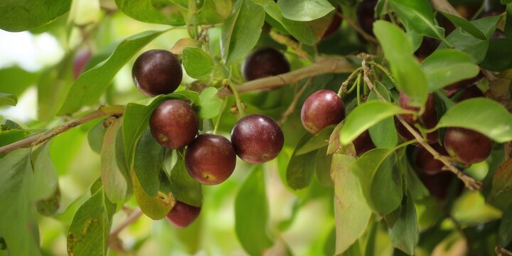 Close-up view of delicious, ripe berries hanging from a tree branch, with green leaves around them. - Powered by Adobe
