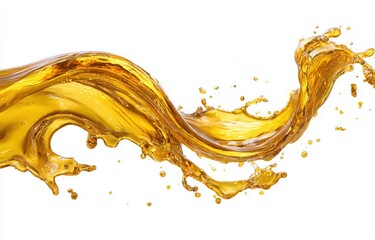 A dynamic splash of golden - brown liquid (likely a drink) with droplets, set against a white background, showing motion and fluidity.