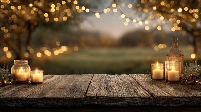 Rustic wooden table mockup surface with glowing candles and golden string lights, warm bokeh, cozy outdoor evening background for product display, banner, or food photography - Powered by Adobe
