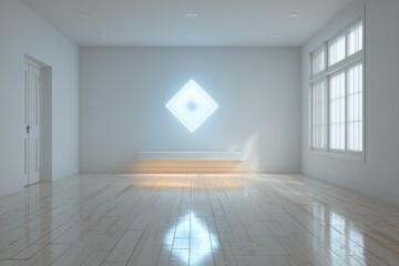 Obraz premium White minimalist room with a single holographic icon projection.