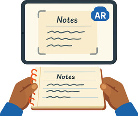 AR lab notebook sync camera scanning hand-drawn notes into a tablet illustration