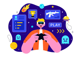 Virtual Reality Gaming Illustration featuring People Using VR Glasses and Controllers to Explore Metaverse Technology and Interactive Experiences