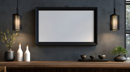 Mockup blank of a minimalist Japanese sushi bar sign with clean black frame and subtle lighting