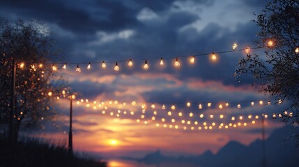 Fairy lights glowing at sunset over a tranquil outdoor setting, golden bokeh string light garland creating a warm, inviting evening ambience beneath a soft dusk sky