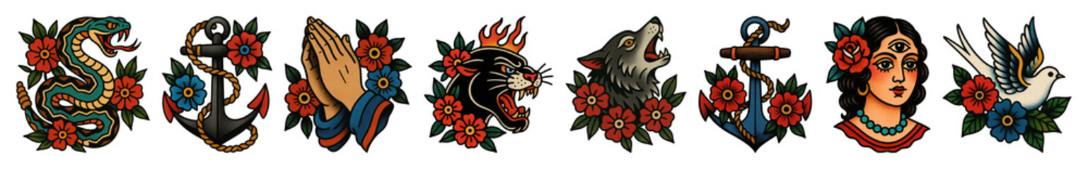PNG Vintage tattoo art collection, element set on transparent background