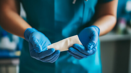 Fototapeta premium A healthcare professional in blue gloves holding a bandage in a sterile environment setting carefully