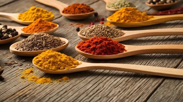 Spices in spoons on wood, background scattered, for cuisine