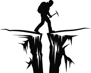 Black and illustration of a mountaineer crossing a crevasse, adventure and challenge concept