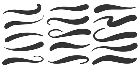 Swoosh vector lines. Squiggle hand-drawn strokes of marker and brush on white background. Wavy swishes, elegant flourishes. Curve accents and dividers.
