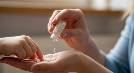Woman holding a bottle of homeopathy. Concept of medicines for children, homeopathy, children's health care, natural remedy.