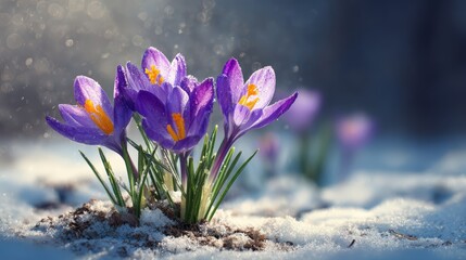 Close-up of vibrant purple crocus flowers blooming in snow du early sp with soft blurred background and natural sunlight