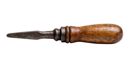 Antique Metal Chisel with Worn Wooden Handle on Black Background