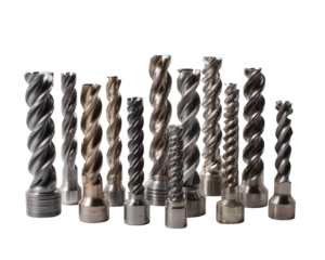 Array of Auger Bits: Close-Up View of Various Metal Drill Bits Against Black Background