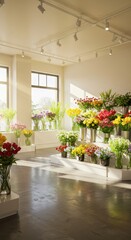A bright, sunny interior of a floral shop showcasing a variety of colorful bouquets and flowers displayed on tiered shelving units, bathed in natural light streaming through large windows.
