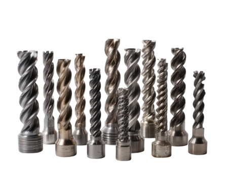 Array of Auger Bits: Close-Up View of Various Metal Drill Bits Against Black Background